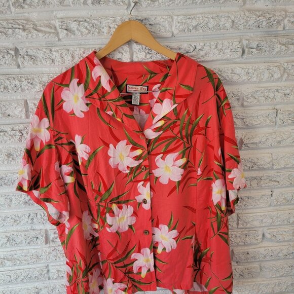 Jamaica Bay Womens Top 3X Plus Short Sleeve Button Up Pink Green FLO171E - Picture 3 of 8
